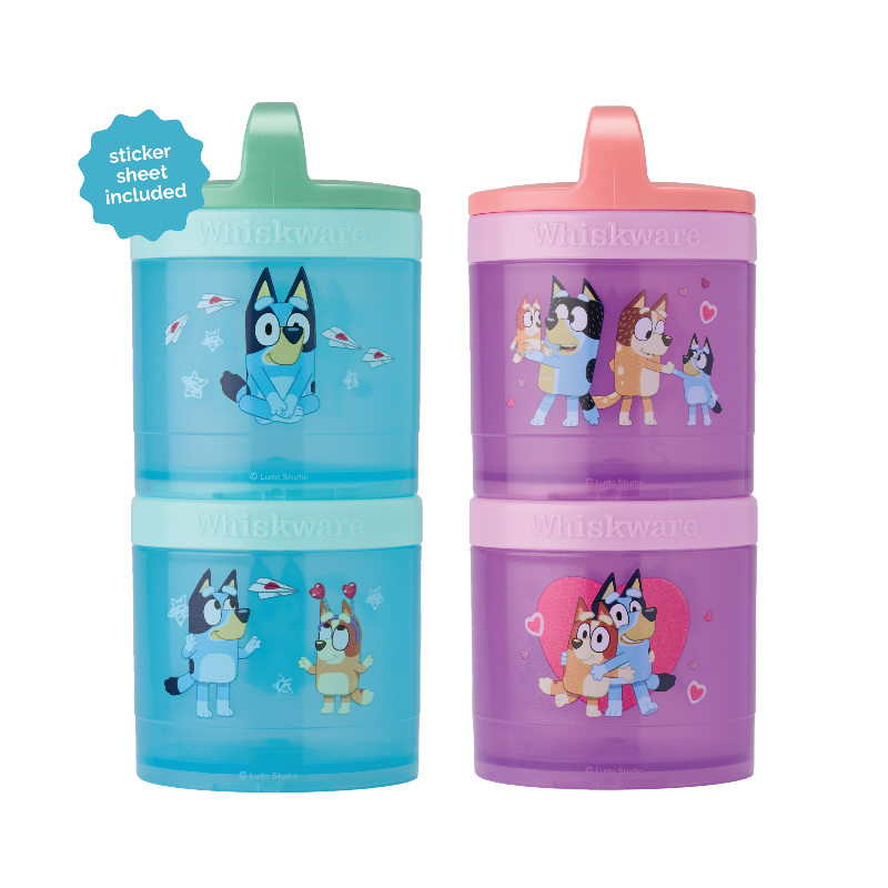 A stack of two Bluey themed snack containers with twist-top lids, featuring colorful illustrations of the character Bluey and other animals on a Valentine's Day background.