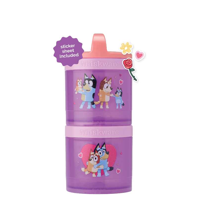 A stack of two Bluey themed snack containers with twist-top lids, featuring colorful illustrations of the character Bluey and other animals on a Valentine's Day background.