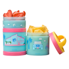 Two colorful Whiskware containers with Barbie dreamhouse and jeep designs filled with fruit.
