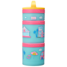 Barbie Dreamhouse & beach snack container in blue with pink lids and yellow accents.