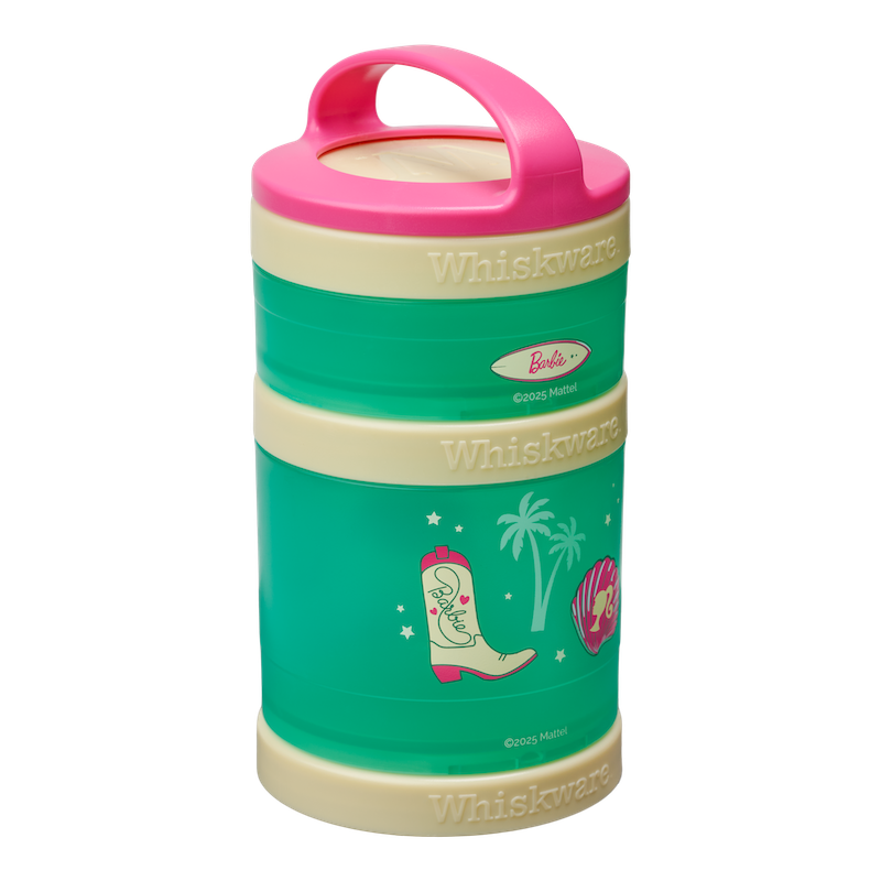 Green and pink container with Barbie cowgirl and seashell designs.