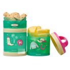 Two green snack containers with Barbie western designs. One filled with crackers, the other filled with pineapple.
