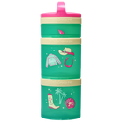 Costal cowgirl Barbie snack container with beach and cowgirl illustrations on a green snack tower with pink accents.