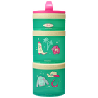 Green snack tower with pink carry handle, featuring Barbie-themed costal cowgirl illustrations.