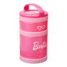 Pink snack container with 'Barbie' design, including Barbie logo and sunglasses.