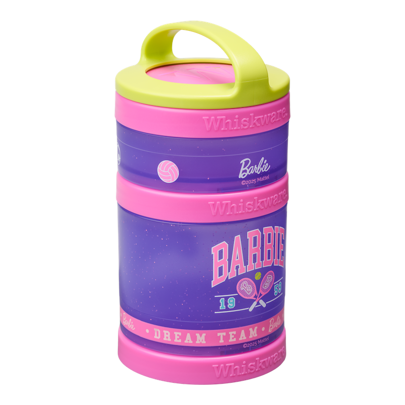 Barbie sports themed snack container in pink and purple with tennis and volleyball illustrations.