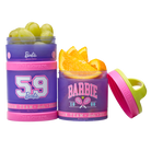 Two Barbie-themed snack containers filled with fruits.