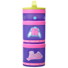 Pink and purple Whiskware snack containers with Barbie varsity jacket illustration and Barbie logo.