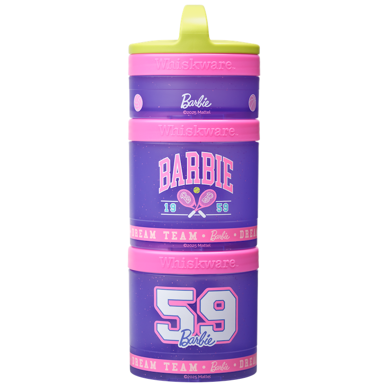 Barbie-themed Whiskware snack container with purple and pink design and varsity sport illustrations.